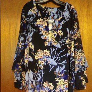 NWT JM Collection Black & Floral Print Long Sleeve Tunic Top size 3X